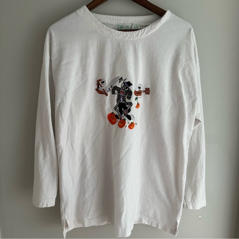 Vintage Colleen Collectables White Embroidered Halloween Long Sleeve Shirt Lg